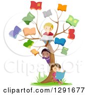 Clipart Of Happy School Children Playing At A Reading Book Tree Royalty Free Vector Illustration