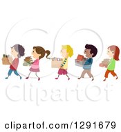 Poster, Art Print Of Line Of Happy Children Carrying Boxes Of Books