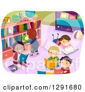 Poster, Art Print Of Happy Children Reading Books In A Library