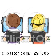 Poster, Art Print Of Rear View Of Caucasian School Children Using Computers In A Lab