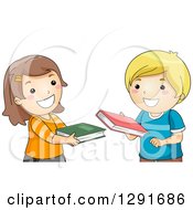 Poster, Art Print Of Happy Brunette White School Girl And Blond Boy Exchanging Books