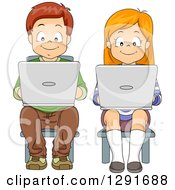 Poster, Art Print Of Happy White School Boy And Girl Sitting And Using Laptop Computers