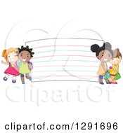Clipart Of Happy White And Black School Girls By A Giant Note Card Royalty Free Vector Illustration