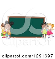Poster, Art Print Of Happy White And Black School Girls By A Giant Chalk Board