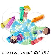 Poster, Art Print Of Happy Group Of School Children Coloring Planet Earth With Crayons