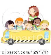 Poster, Art Print Of Group Of Happy Diverse School Children And A Teacher Over A Blank School Bus Banner