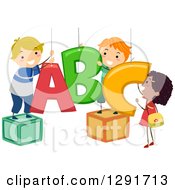 Poster, Art Print Of Happy Girl And Boys Hanging Abc Alphabet Letters