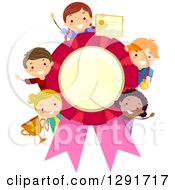 Clipart Of A Blank Giant Ribbon Award With Children Holding Certificates And Trophies Royalty Free Vector Illustration by BNP Design Studio