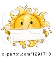 Clipart Of A Happy Sketched Sun Character Holding A Blank Sign Royalty Free Vector Illustration