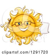 Poster, Art Print Of Happy Sketched Sun Character Student Holding A Pen And Paper