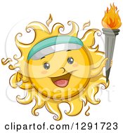 Happy Sketched Sun Character Wearing A Visor And Holding A Torch