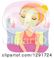 Relaxed Blond Caucasian Woman Sitting In Bed With A Facial Mask And Candles