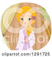 Blond Caucasian Woman In A Robe Against Wood