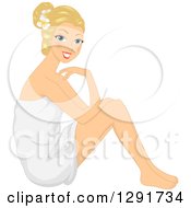 Clipart Of A Happy Blond Woman Wearing A Flower In Her Hair And Sitting In A Spa Towel Royalty Free Vector Illustration by BNP Design Studio