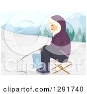 Happy Caucasian Woman Ice Fishing In The Winter