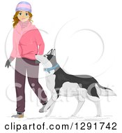 Poster, Art Print Of Happy Young Caucasian Woman Walking Her Siberian Husky Dog In The Winter