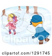 Clipart Of A Playful White Girl And Boy Having A Snow Ball Fight Royalty Free Vector Illustration