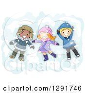 Poster, Art Print Of Group Of Happy White And Black Children Making Snow Angels