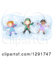 Poster, Art Print Of Happy White And Black Children Playing And Making Snow Angels