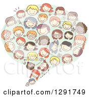 Poster, Art Print Of Group Of Doodled Diverse Faces Of Children Forming A Speech Balloon