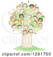 Poster, Art Print Of Group Of Doodled Diverse Faces Of Children Forming A Tree