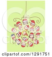 Poster, Art Print Of Group Of Doodled Diverse Faces Of Children Forming A Christmas Bauble Over Green