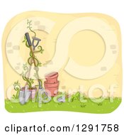Poster, Art Print Of Sketched Brick Wall With A Vine Pots And Gardening Tools