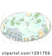 Poster, Art Print Of Sketched Oval Scene Of Money Raining On A City
