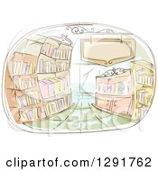 Clipart Of A Sketched Oval Scene Of A Library Interior Royalty Free Vector Illustration