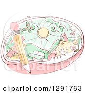 Clipart Of A Sketched Oval Scene Of A Pencil Over A House And Car With Spring Butterflies And Flowers Royalty Free Vector Illustration