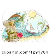 Poster, Art Print Of Sketched Oval Scene Of A Tiki Sailboat Wave And Palm Trees