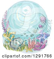 Clipart Of A Sketched Oval Scene Of A Reef Jellyfish And Fish Royalty Free Vector Illustration