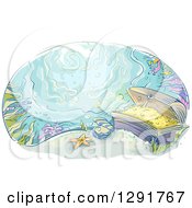 Poster, Art Print Of Sketched Oval Scene Of Sunken Treasure At The Bottom Of The Ocean