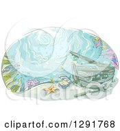 Poster, Art Print Of Sketched Oval Scene Of A Sunken Ship At The Bottom Of The Sea