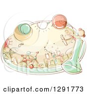 Poster, Art Print Of Sketched Oval Scene Of A Science Lab With Flasks Dna Molecules And Beakers