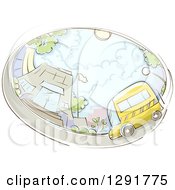 Sketched Oval Scene Of A School Bus And Building