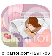 Clipart Of A Happy Brunette White Woman Smiling And Sleeping By Aromatherapy Candles Royalty Free Vector Illustration by BNP Design Studio