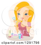 Poster, Art Print Of Blond Caucasian Woman With An Acne Breakout Going Over Her Beauty Products
