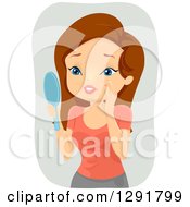 Clipart Of A Stressed Brunette Caucasian Woman Looking At A Pimple On Her Cheek Royalty Free Vector Illustration