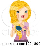 Blond Caucasian Woman Brushing Her Very Long Hair