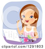 Clipart Of A Happy Brunette Caucasian Woman Using A Laptop To Give A Makeup Tutorial Online Royalty Free Vector Illustration