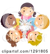 Poster, Art Print Of Circle Of Happy Children Standing With Their Hands All In And Looking Up