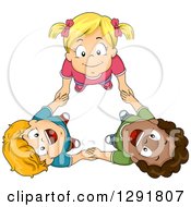 Poster, Art Print Of Aerial View Of Three Happy Children Holding Hands And Looking Upwards