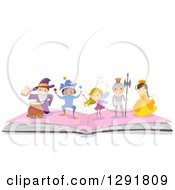 Poster, Art Print Of Happy Wizard Jester Fairy Knight And Princess On An Open Book