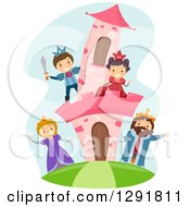 Clipart Of A Happy Royal Princess Prince King And Queen At A Pink Castle Royalty Free Vector Illustration by BNP Design Studio