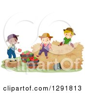 Poster, Art Print Of Happy Country Farm Children Playing With Hay And Apples