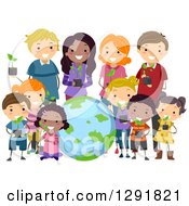 Poster, Art Print Of Diverse Group Of Children And Adults Holding Seedling Plants Around Earth