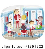 Clipart Of A Happy Coach Supervising Boys Changing In A Locker Room Royalty Free Vector Illustration