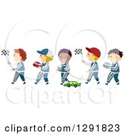 Poster, Art Print Of Line Of Happy Boys In Racing Uniforms Carrying Flags And Playing With Toy Race Cars
