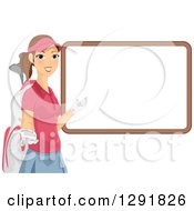 Poster, Art Print Of Happy Brunette Caucasian Female Golfer Caddy Presenting A Blank White Board